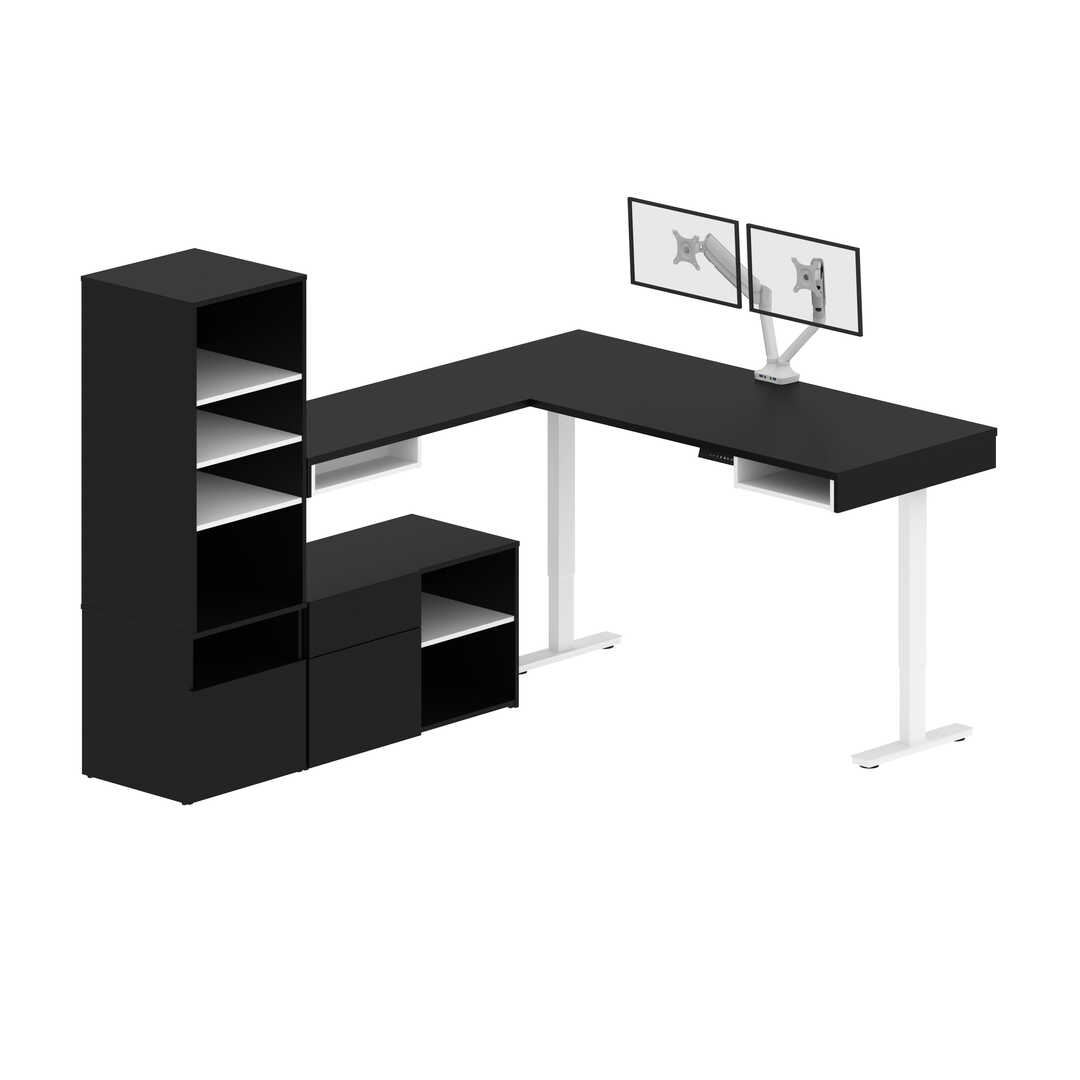 Bureau assis-debout en L 72L avec support double pour moniteurs et rangement